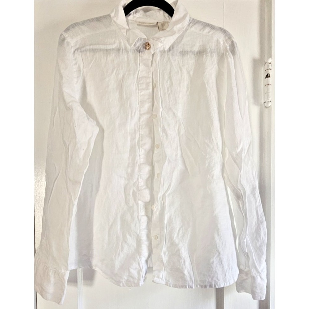 CHRISTIAN SIRIANO 100% linen hidden buttoned white blouse womens L